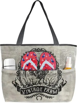 Black White Sign Rooster Beach Tote Bag for Women, Natural Animal Vintage Farm Backdrop Mesh Beach Bags Waterproof Sandproof, Outdoor Picnic Swim Pool Handbag - Large Beach Bag with Zipper and Pockets