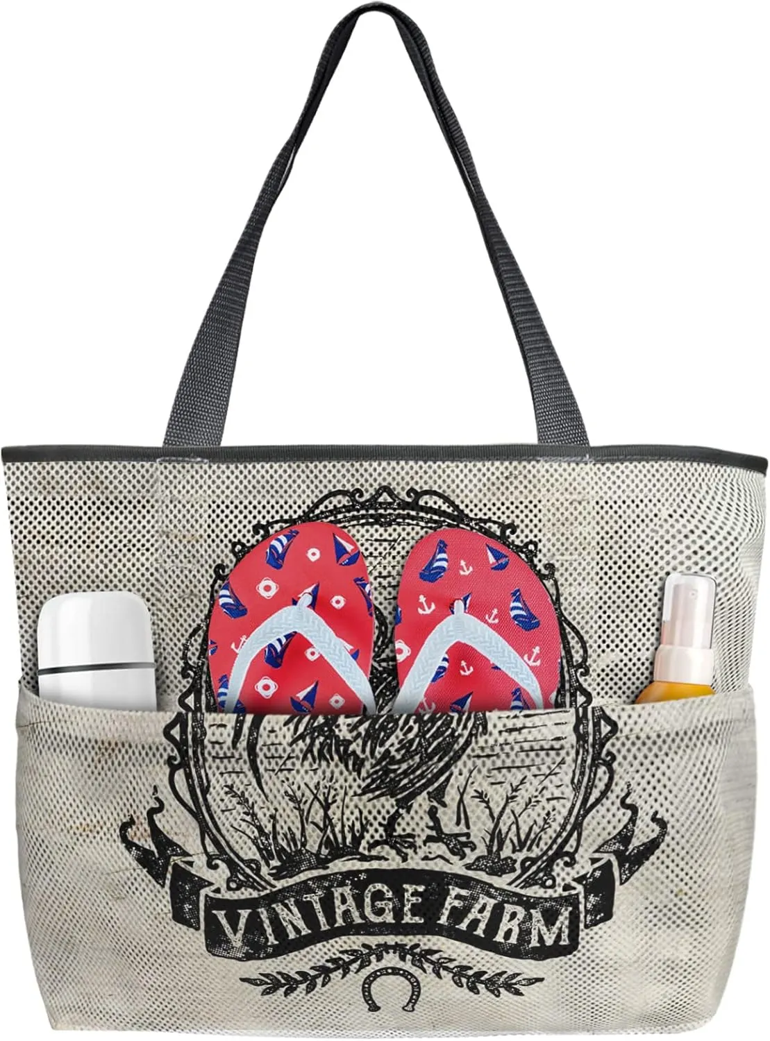 Black White Sign Rooster Beach Tote Bag for Women, Natural Animal Vintage Farm Backdrop Mesh Beach Bags Waterproof Sandproof, Outdoor Picnic Swim Pool Handbag - Large Beach Bag with Zipper and Pockets