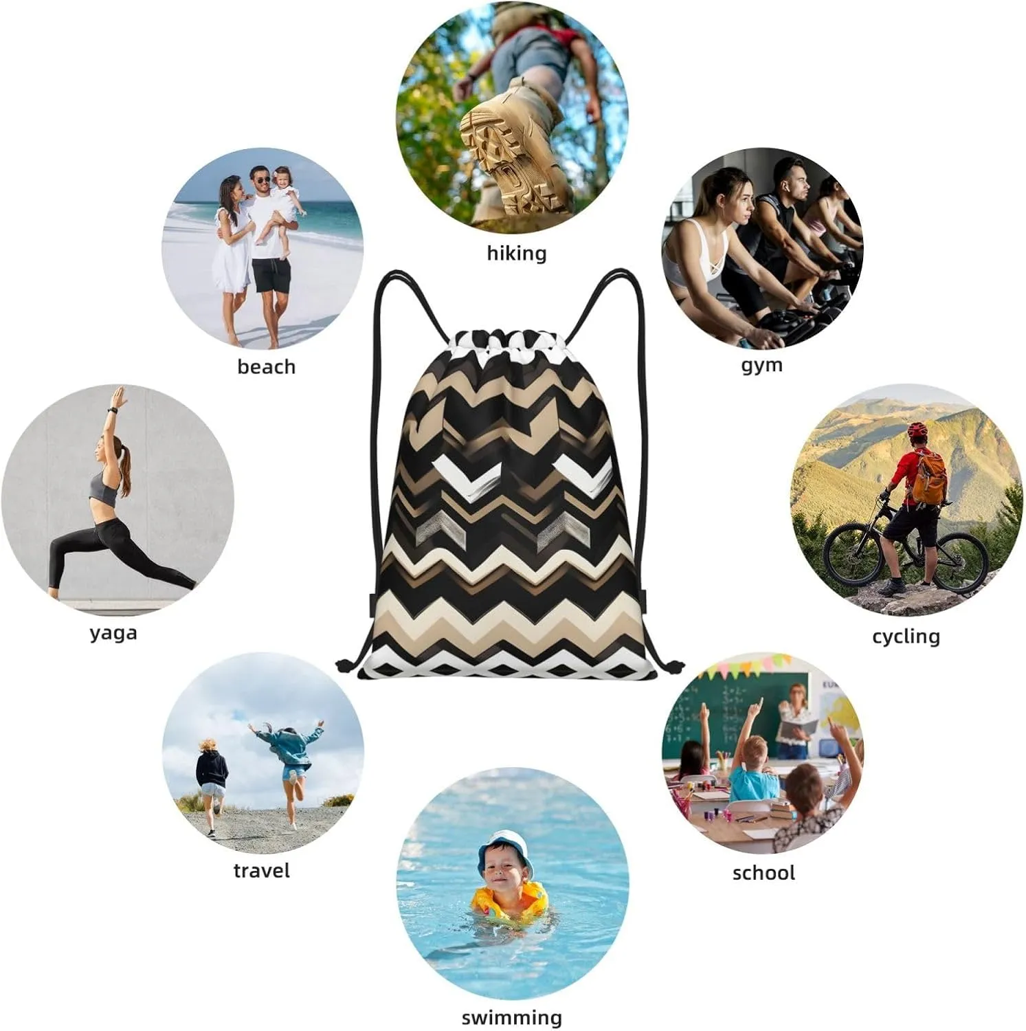 Black White Tan Zigzag Waterproof Drawstring Gym Backpack Bag For Men&Women,Sport Gym Sack Travel Daypack,Personalized