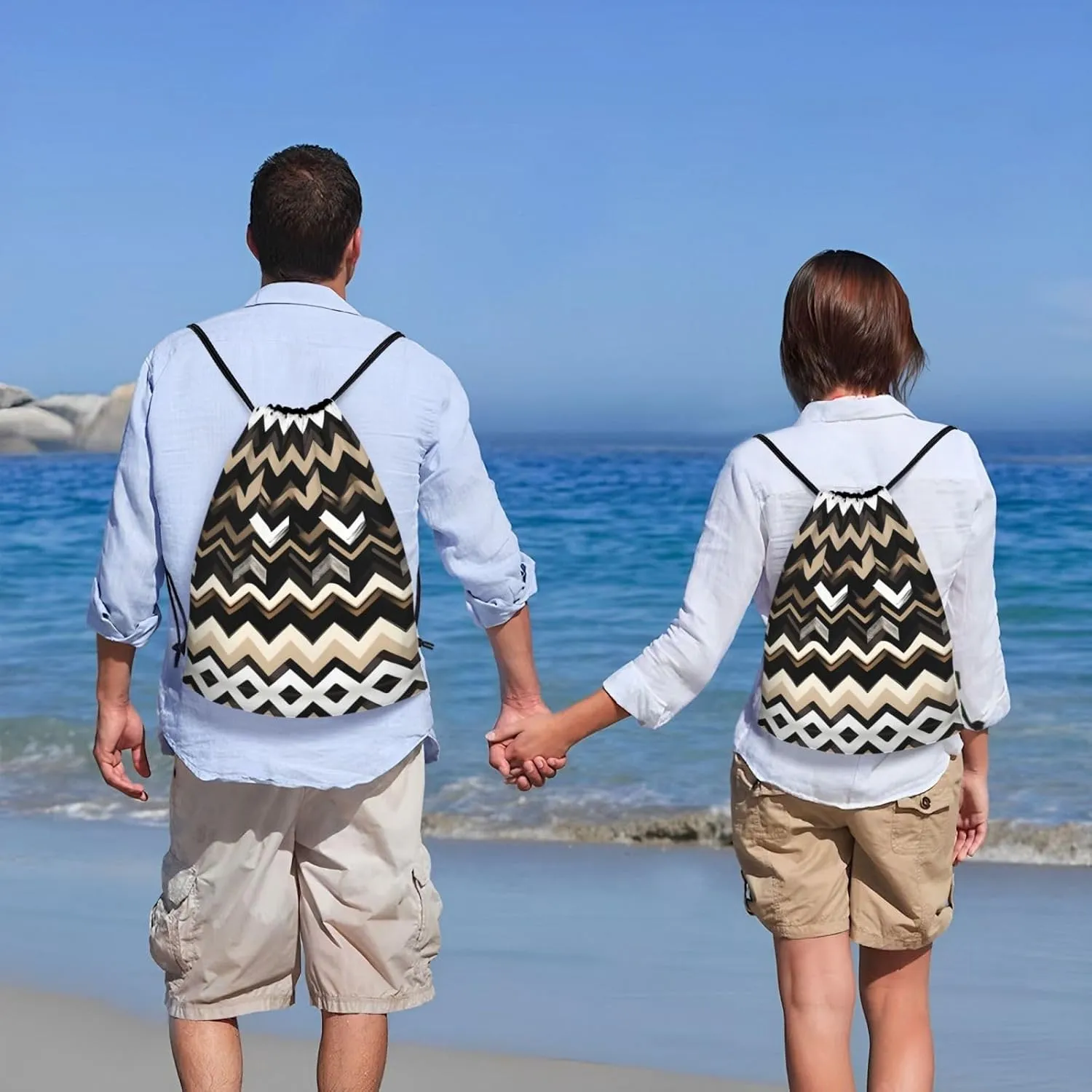 Black White Tan Zigzag Waterproof Drawstring Gym Backpack Bag For Men&Women,Sport Gym Sack Travel Daypack,Personalized