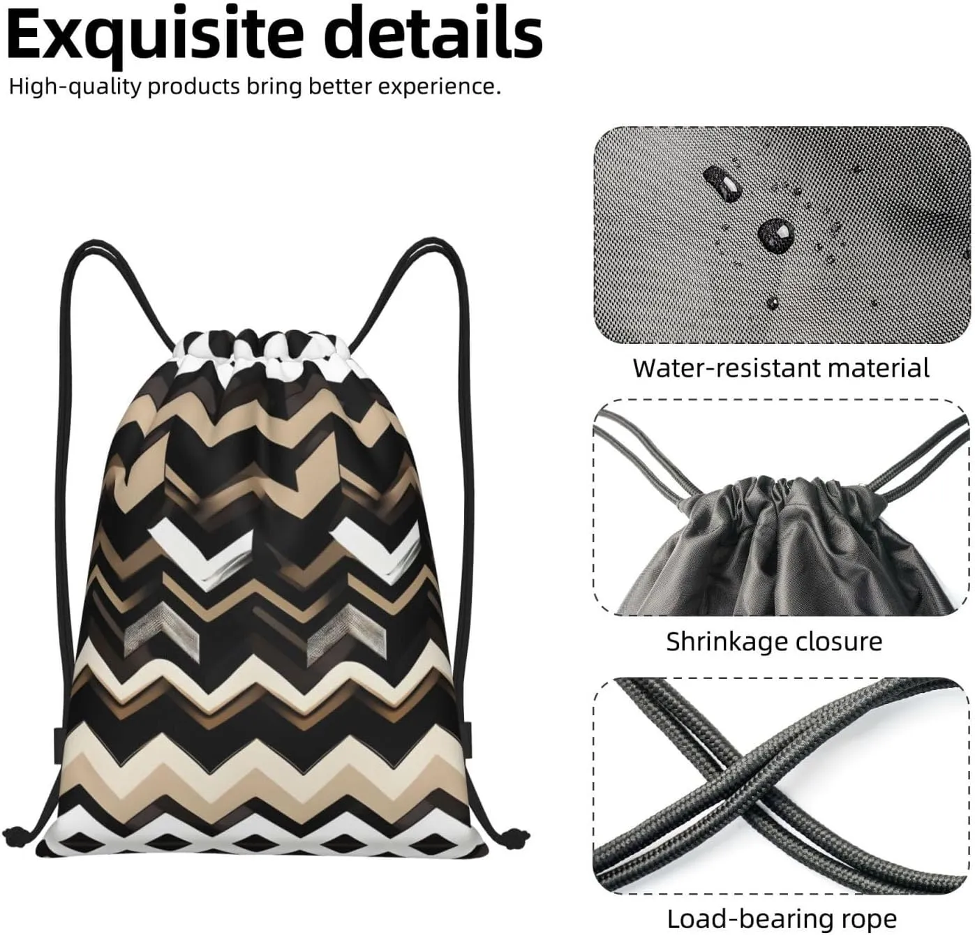 Black White Tan Zigzag Waterproof Drawstring Gym Backpack Bag For Men&Women,Sport Gym Sack Travel Daypack,Personalized