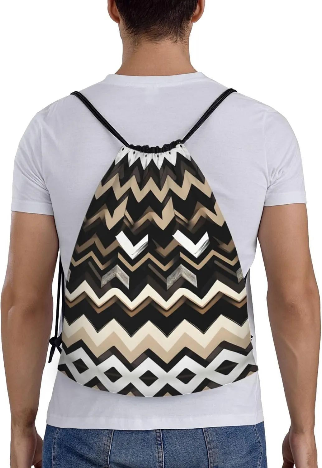 Black White Tan Zigzag Waterproof Drawstring Gym Backpack Bag For Men&Women,Sport Gym Sack Travel Daypack,Personalized