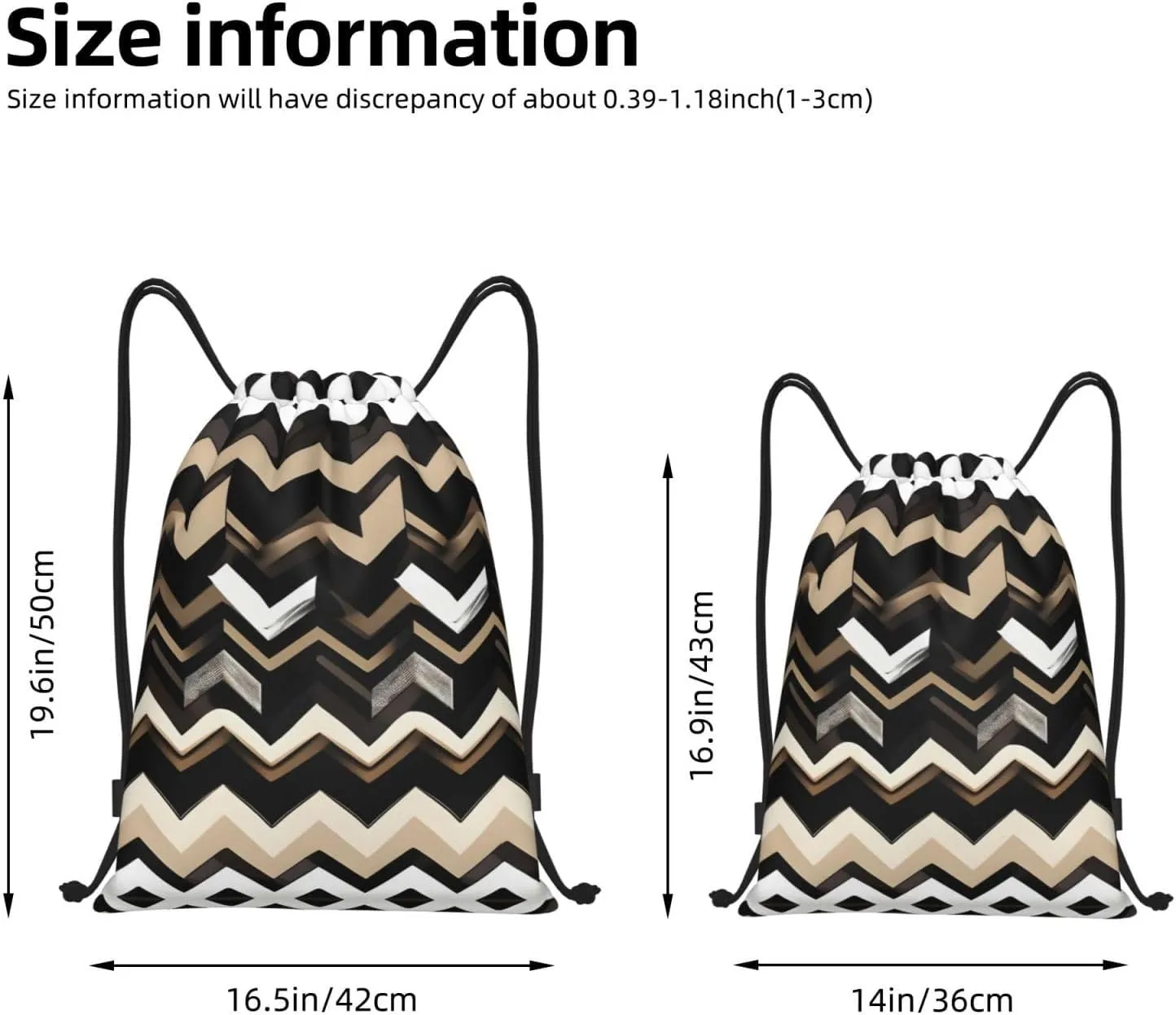 Black White Tan Zigzag Waterproof Drawstring Gym Backpack Bag For Men&Women,Sport Gym Sack Travel Daypack,Personalized