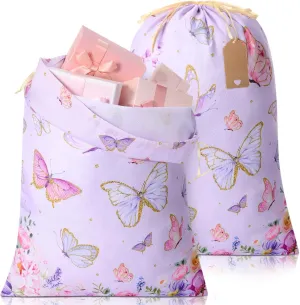Blosssound 2 Pcs Butterfly Drawstring Gift Bags with Tags 28 Inch Extra Large Baby Shower Bag Reusable Fabric Butterfly Birthday Wrapping Bags for Butterfly Baby Shower Gender Reveal Supplies Decor