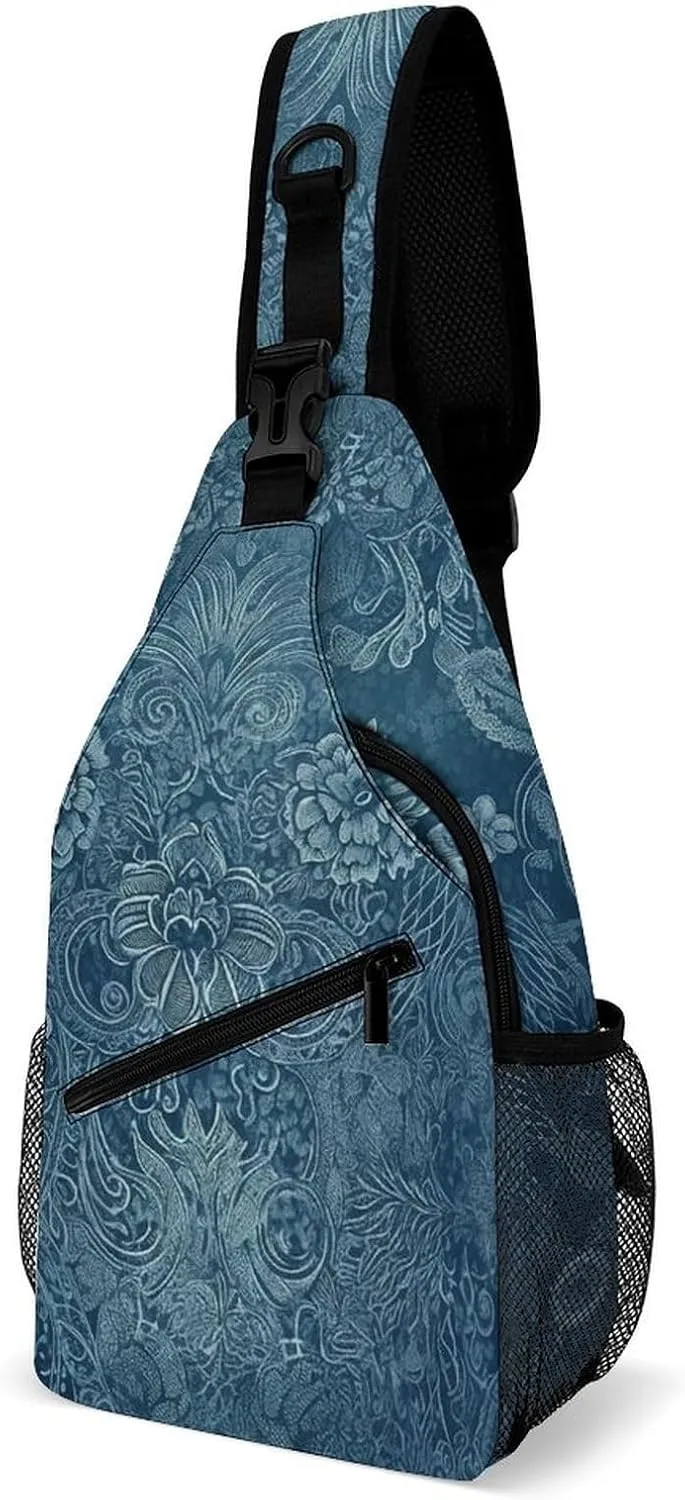 Blue Floral Lace Sling Bag Crossbody Chest Bags Hiking Backpack Shoulder Backpack For Women Men Travel