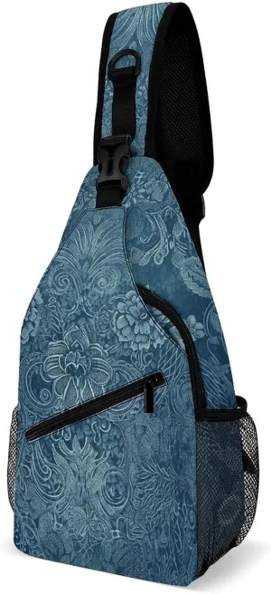 Blue Floral Lace Sling Bag Crossbody Chest Bags Hiking Backpack Shoulder Backpack For Women Men Travel