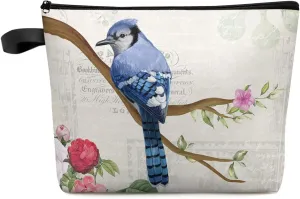 Blue Jay Bird Tree Branches Spring Floral Cosmetic Bags for Women, Retro Letter Postage Stamp Small Makeup Bag for Purse, Waterproof Travel Toiletry Bag Accessories Organizer, 1PCS