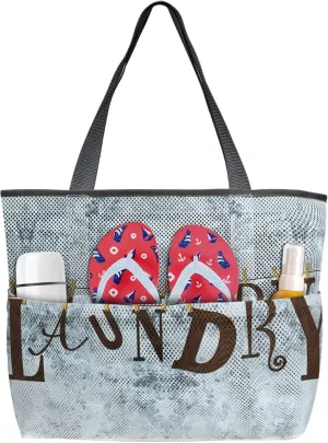 Blue Laundry Wood Texture Beach Tote Bag for Women, Laundry Clothes Pegs Vintage Floral Mesh Beach Bags Waterproof Sandproof, Outdoor Picnic Swim Pool Handbag - Large Beach Bag with Zipper and Pockets