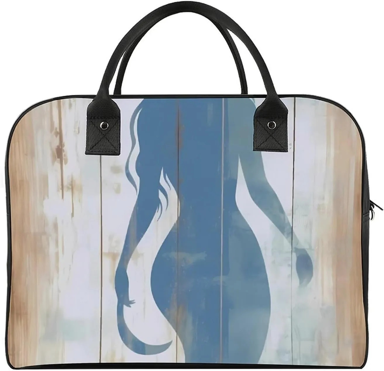 Blue Mermaid On Wood Travel Duffel Bag Weekender Overnight Shoulder Bags Luggage Carrying Tote for Men Women