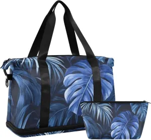 Blue Mystery Leaf Travel Bag Overnight Bag with Toiletry Bag for Workout Large Capacity