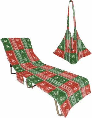 Boho Geometric Chaise Lounger Cover with Pockets, Pool Lounge Chair Covers 85"x29", White Triangular Stripe Lace Red Green Plaid Microfiber Beach Chair Cover for Outdoor Patio Sunbathing