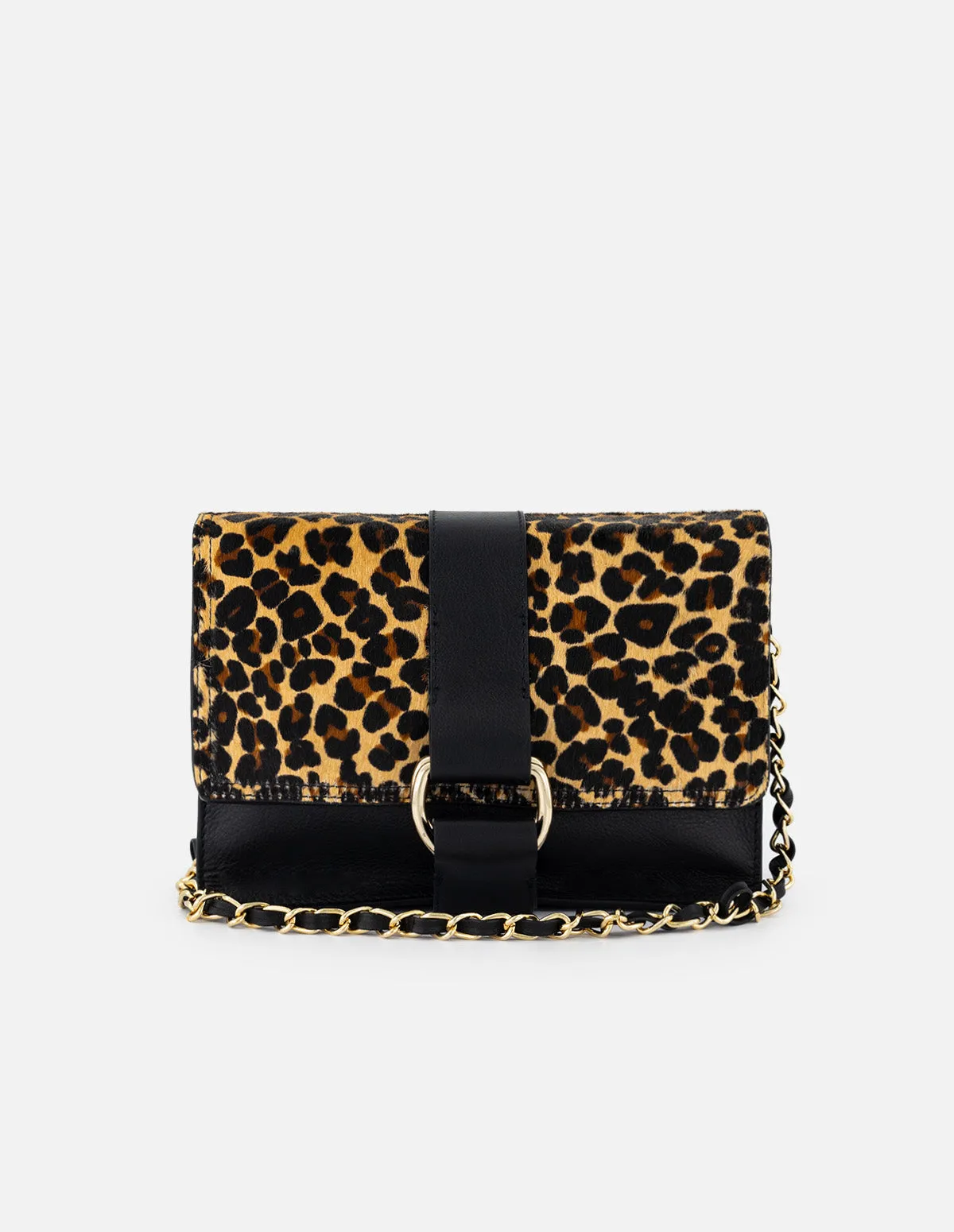 Bolso satchel de pelo animal print para mujer con detalles de piel color negro