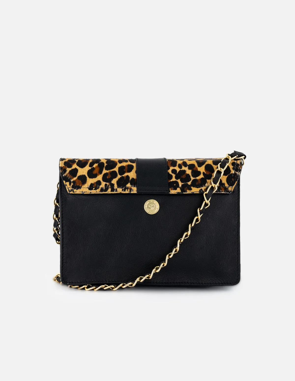 Bolso satchel de pelo animal print para mujer con detalles de piel color negro