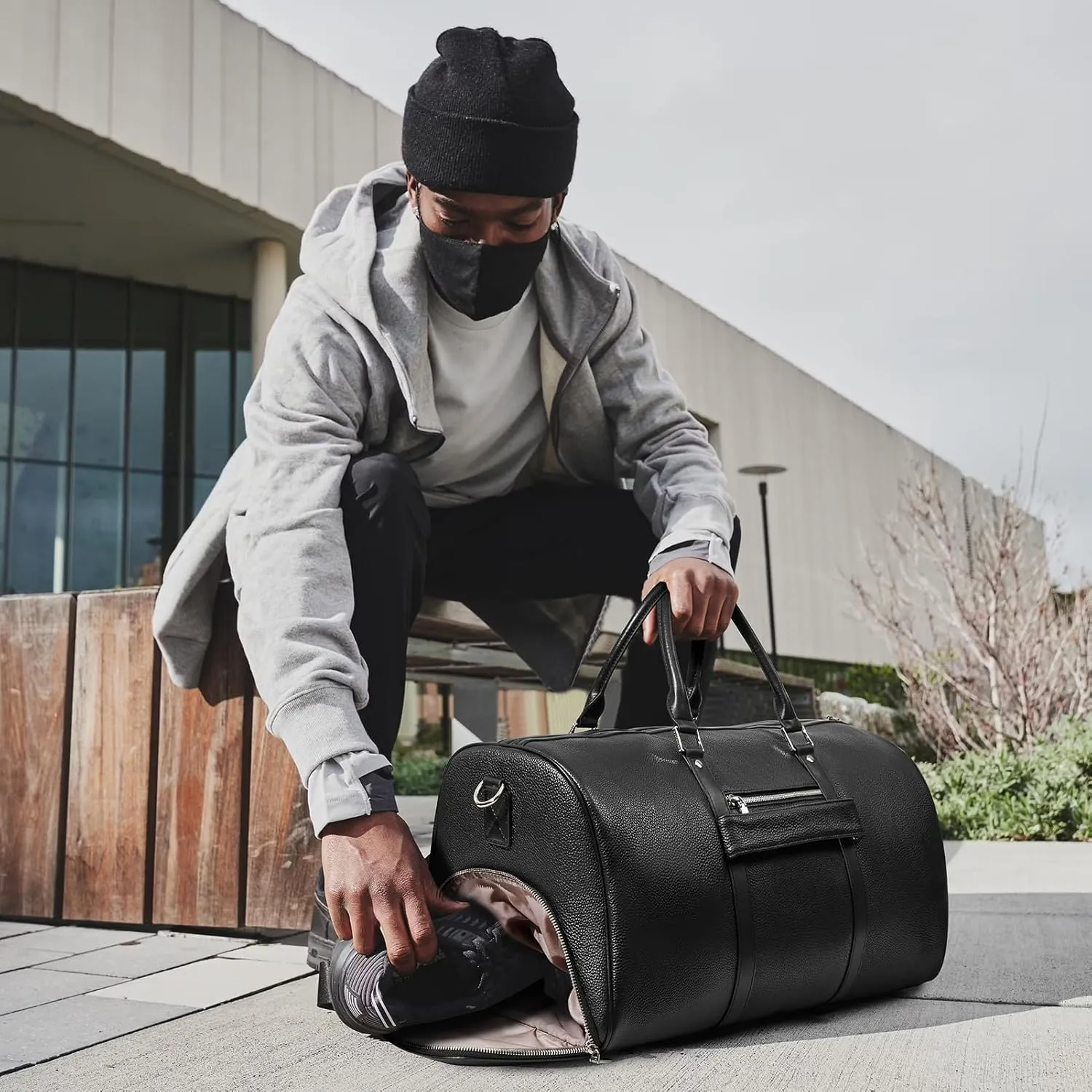 BOSTANTEN Genuine Leather Travel Weekender Overnight Duffel Bag Gym Sports Luggage Bags for Men Large Black