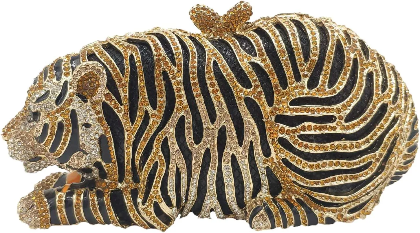 Boutique De FGG Tiger Rhinestone Clutch Purse for Women Formal Evening Bag Sparkly Bridal Wedding Crystal Clutch Bag,Mini