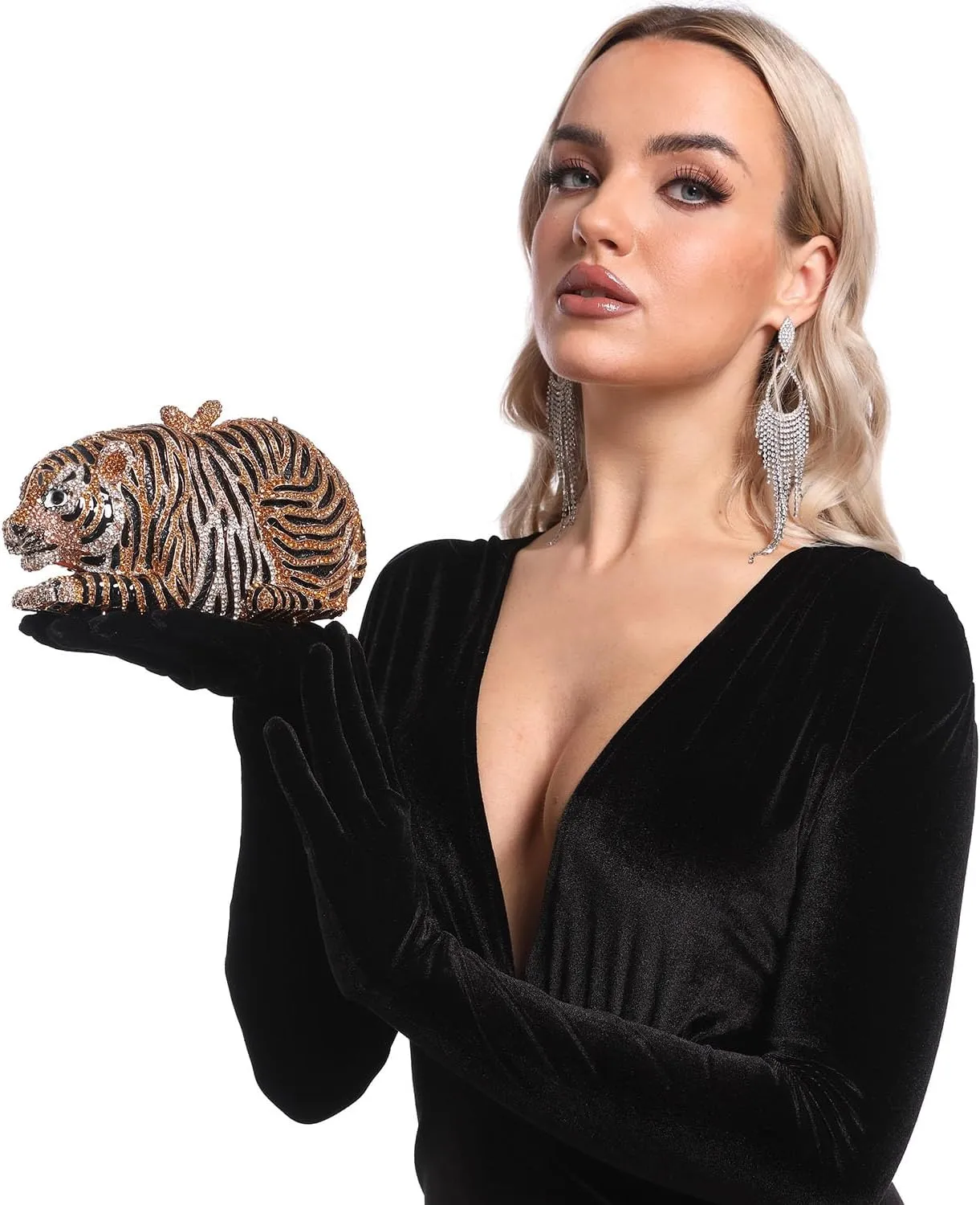 Boutique De FGG Tiger Rhinestone Clutch Purse for Women Formal Evening Bag Sparkly Bridal Wedding Crystal Clutch Bag,Mini