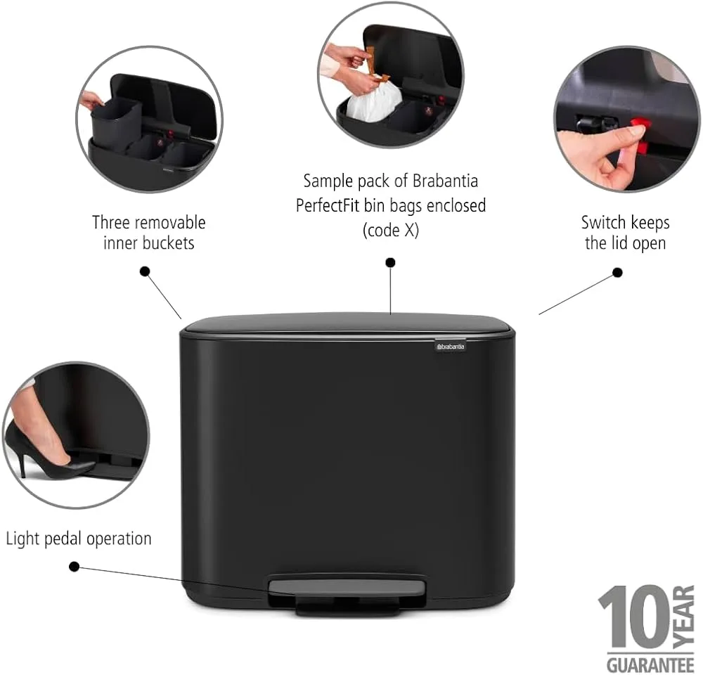 Brabantia Bo Pedal Bin - 3 X 11 Liters, Matt Black