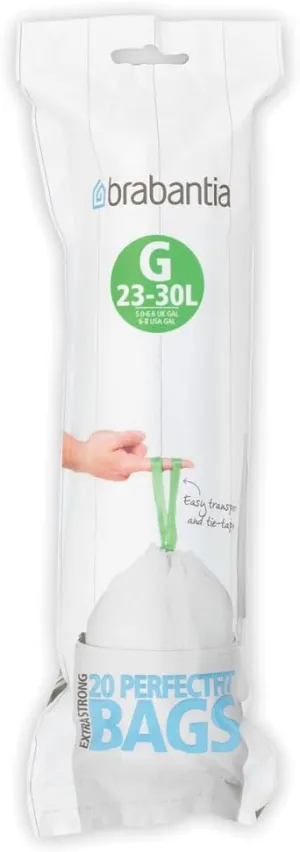 Brabantia PerfectFit Trash Bags (Size G / 6-8 Gallon) Thick Plastic Trash Can Liners with Tie Tape Drawstring Handles (20 Bags)