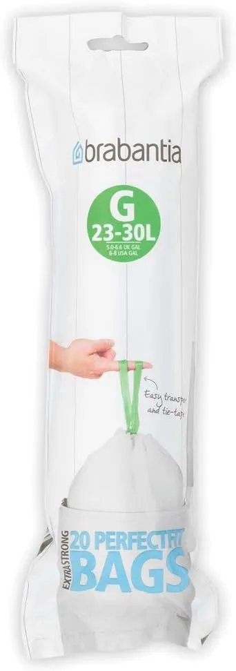 Brabantia PerfectFit Trash Bags (Size G / 6-8 Gallon) Thick Plastic Trash Can Liners with Tie Tape Drawstring Handles (20 Bags)