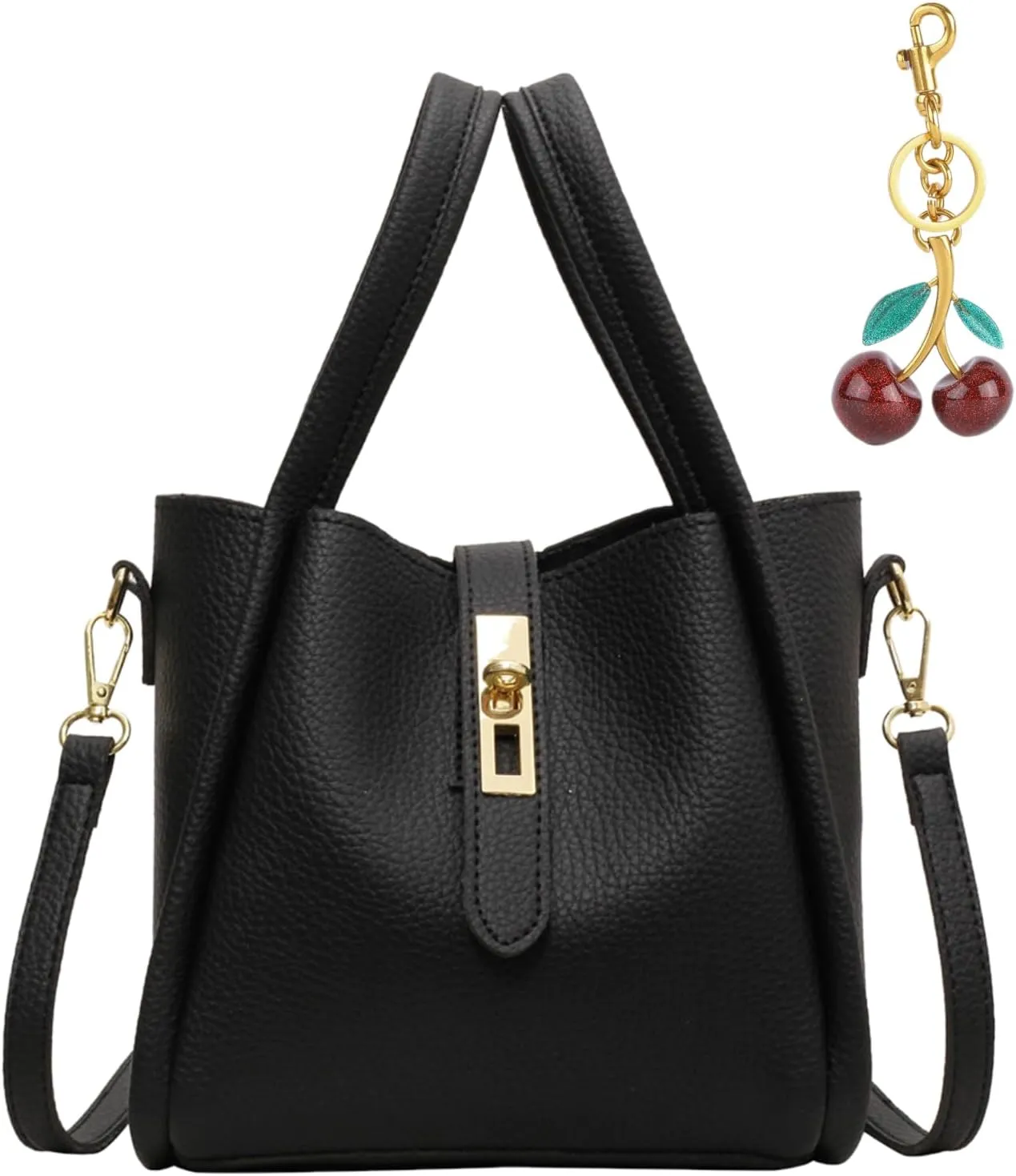Bucket Bag for Women Vegan Leather Mini Bucket Handbag with Inner Bag Trendy Basket Bag with Cherry Charm