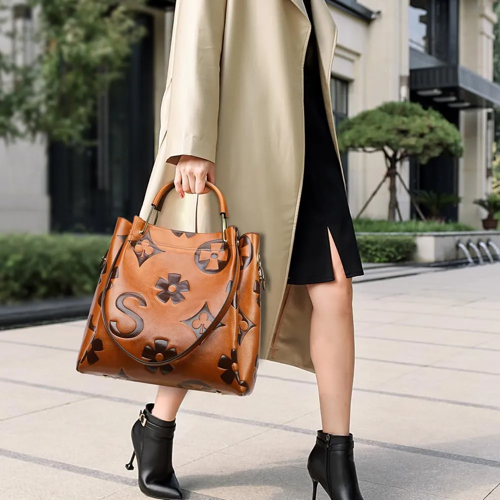 Bucket Bags for Women Floral Embossed Tote Bag Women's Top-handle Handbags Trendy Vintage Vegan Leather Shoulder Bag