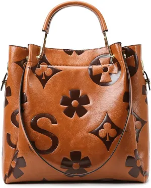 Bucket Bags for Women Floral Embossed Tote Bag Women's Top-handle Handbags Trendy Vintage Vegan Leather Shoulder Bag