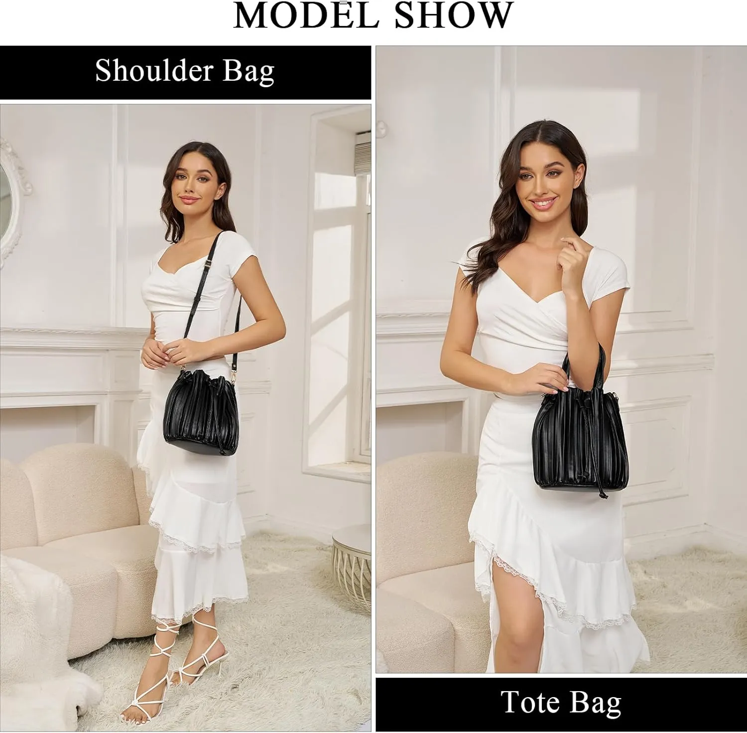 Bucket Bags for Women, Mini Leather Drawstring Crossbody Bucket Purses Pleated Shoulder Handbags