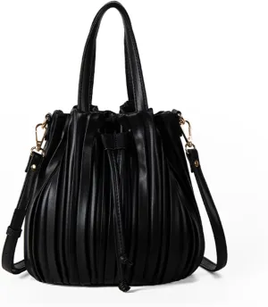 Bucket Bags for Women, Mini Leather Drawstring Crossbody Bucket Purses Pleated Shoulder Handbags