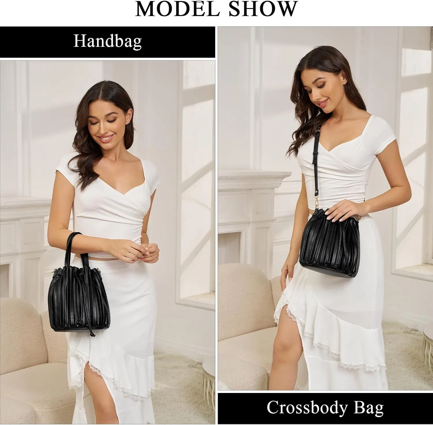 Bucket Bags for Women, Mini Leather Drawstring Crossbody Bucket Purses Pleated Shoulder Handbags