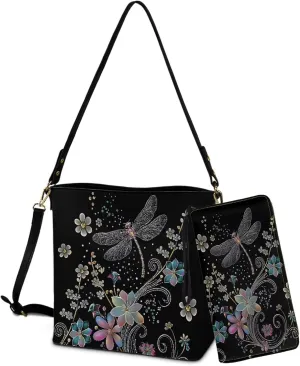 Bucket Crossbody Bag Set for Women Lady, Leather Purse and Wallet Set Large Bucket Bag with Wallet