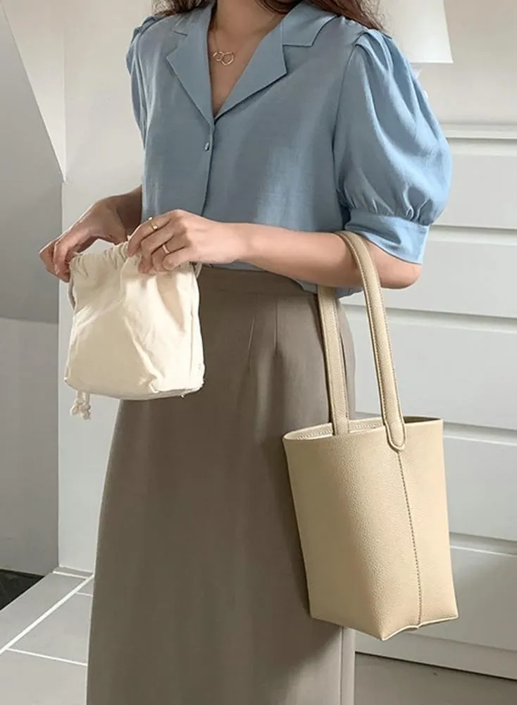 Bucket Handbag for Women Vegan Leather Shoulder Purses Casual Tote Bag for Work Top Handle Bag with Drawstring Purse