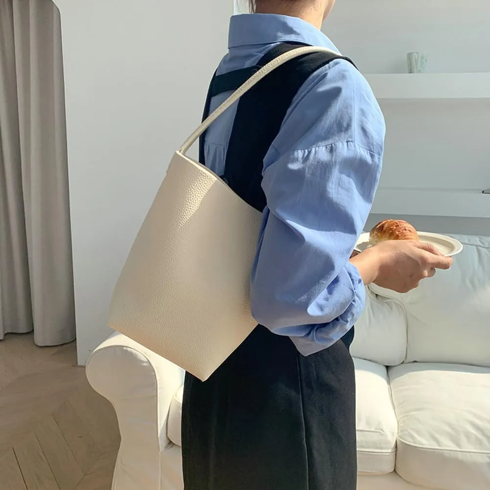 Bucket Handbag for Women Vegan Leather Shoulder Purses Casual Tote Bag for Work Top Handle Bag with Drawstring Purse