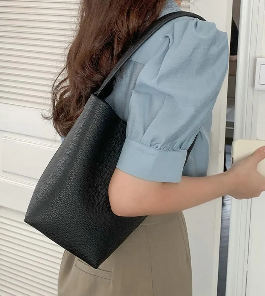 Bucket Handbag for Women Vegan Leather Shoulder Purses Casual Tote Bag for Work Top Handle Bag with Drawstring Purse