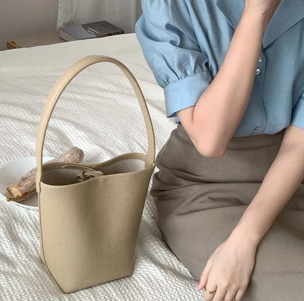 Bucket Handbag for Women Vegan Leather Shoulder Purses Casual Tote Bag for Work Top Handle Bag with Drawstring Purse