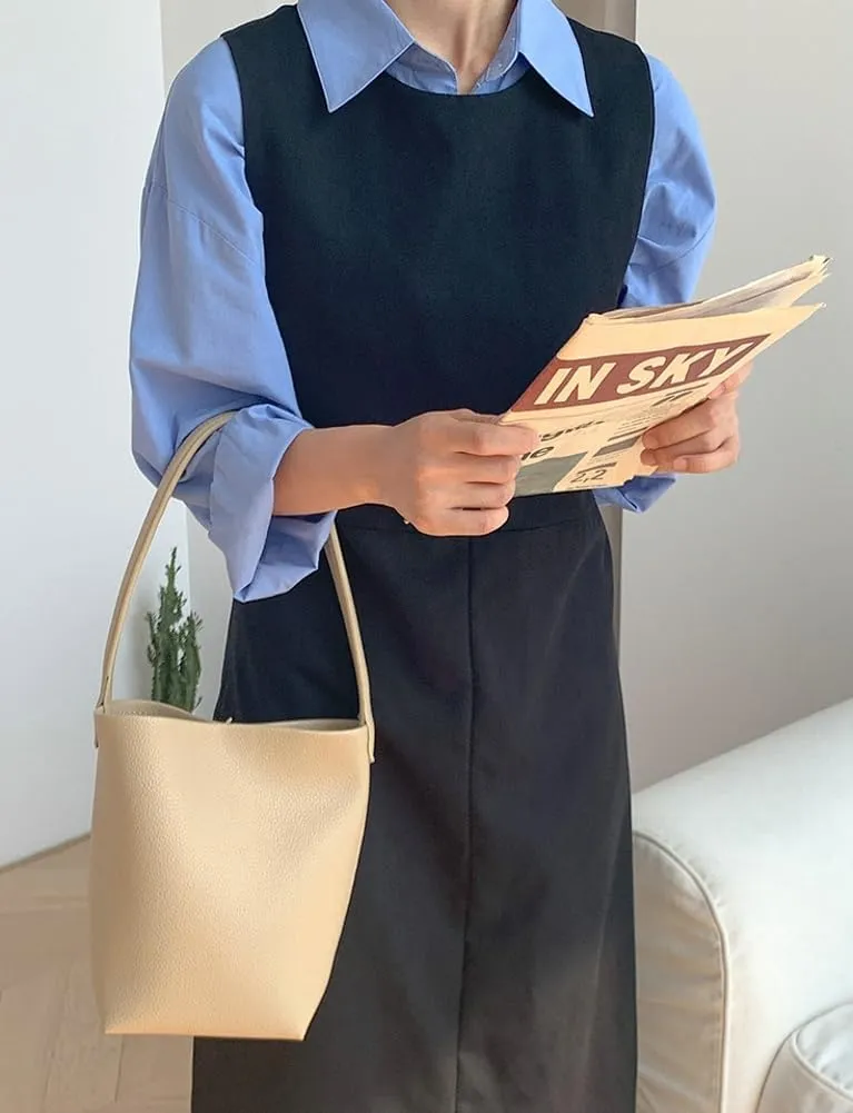 Bucket Handbag for Women Vegan Leather Shoulder Purses Casual Tote Bag for Work Top Handle Bag with Drawstring Purse