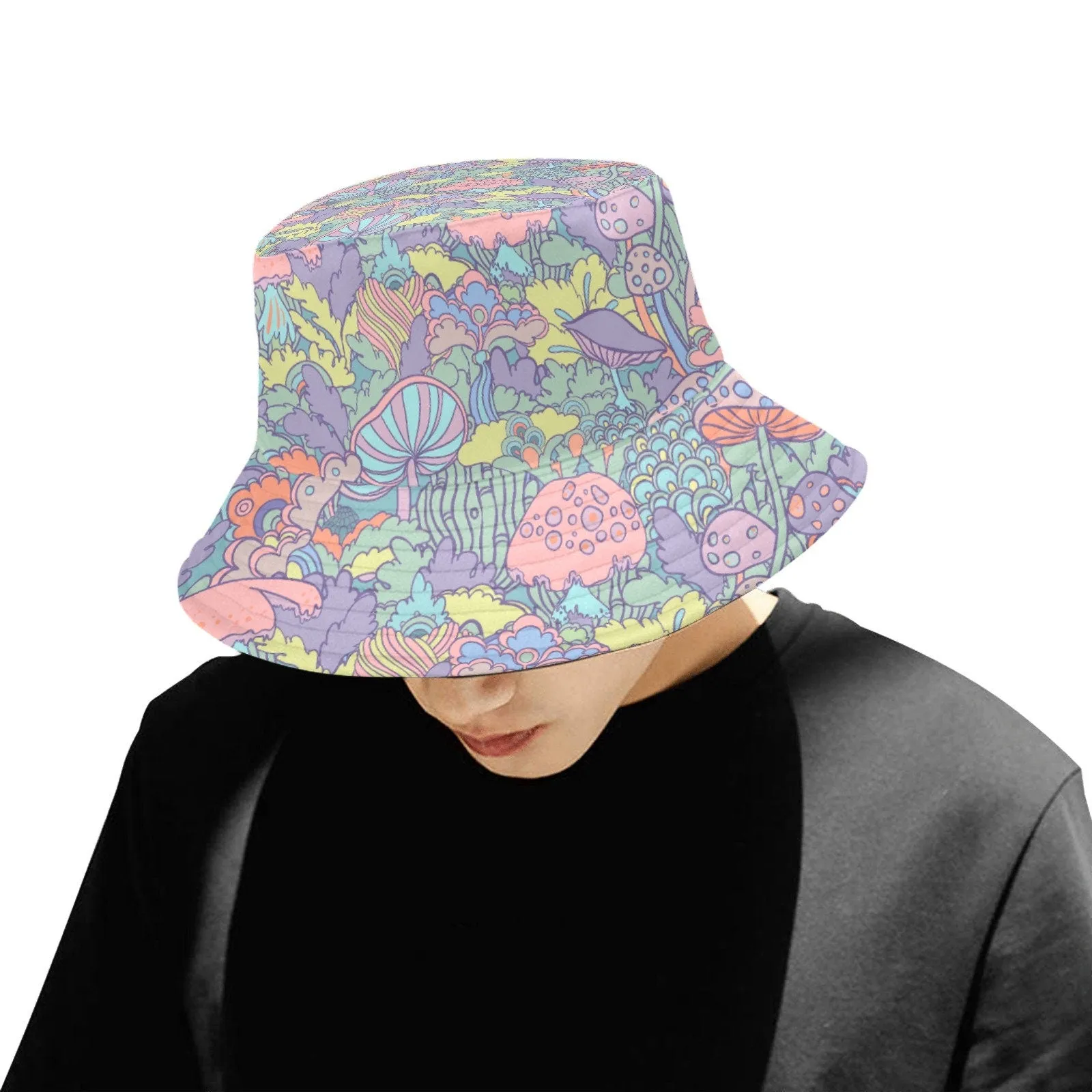 Bucket Hat, Blue Pink Bucket hat, Hippie Hat, 70s inspired Mushroom Print Hat, Multicolor Hat, Cute hat, Kawaii Hat, Kawaii Print Hat