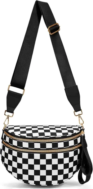 Bum Bags for Women Crossbody,Nylon Checkered Crossbody Bag Black and White Checkered Purse Oversized Slouchy Belt Bag