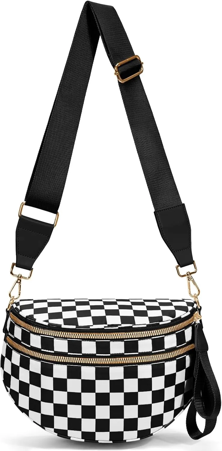 Bum Bags for Women Crossbody,Nylon Checkered Crossbody Bag Black and White Checkered Purse Oversized Slouchy Belt Bag