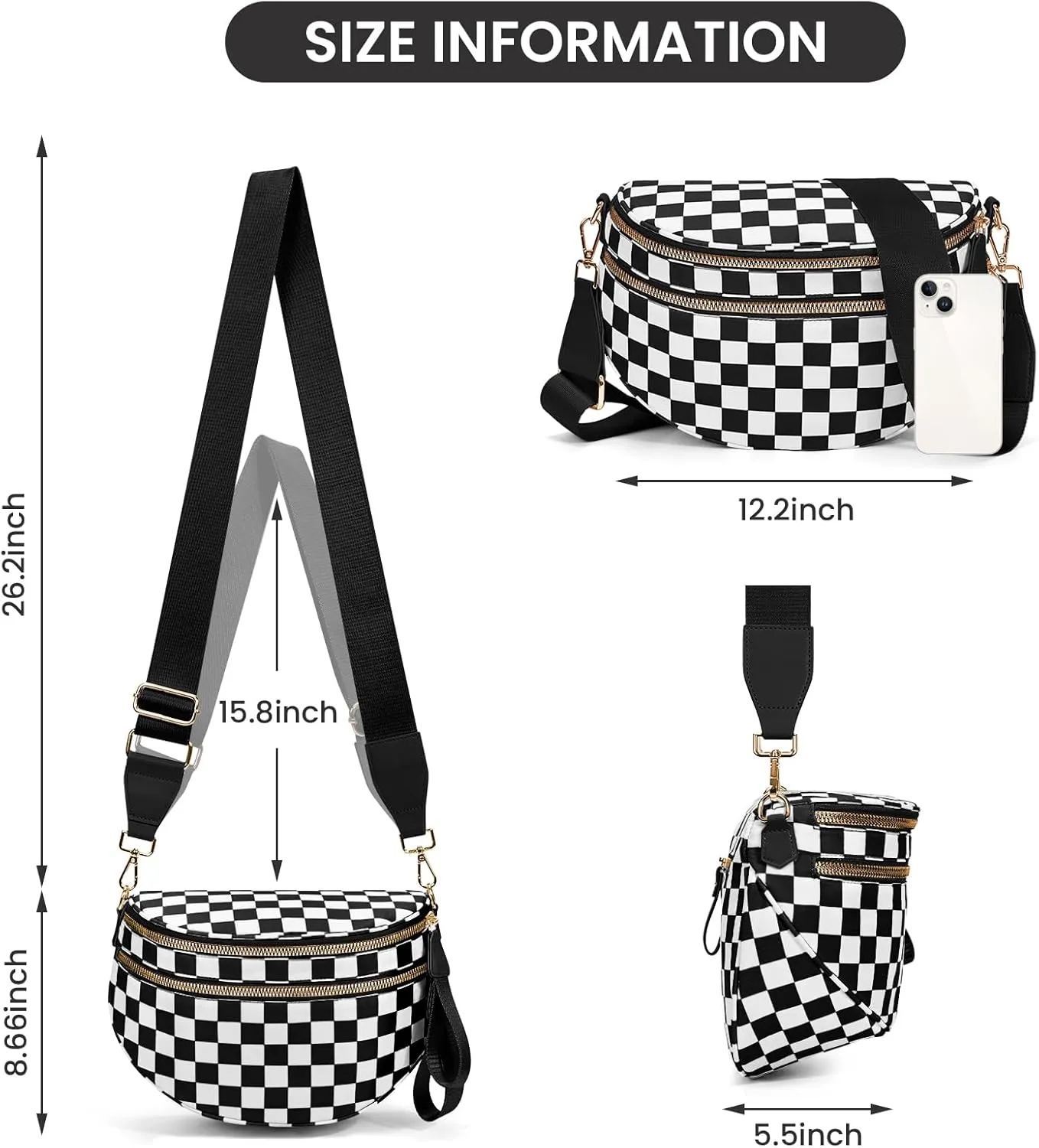 Bum Bags for Women Crossbody,Nylon Checkered Crossbody Bag Black and White Checkered Purse Oversized Slouchy Belt Bag