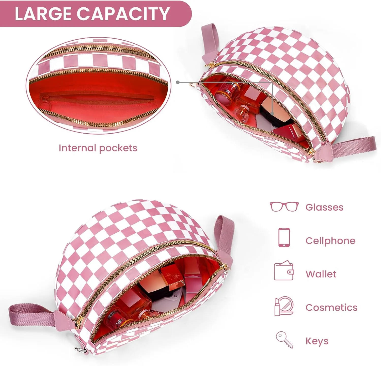 Bum Bags for Women Crossbody,Nylon Checkered Crossbody Bag Black and White Checkered Purse Oversized Slouchy Belt Bag