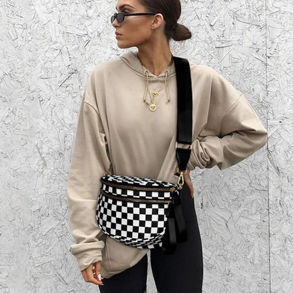 Bum Bags for Women Crossbody,Nylon Checkered Crossbody Bag Black and White Checkered Purse Oversized Slouchy Belt Bag