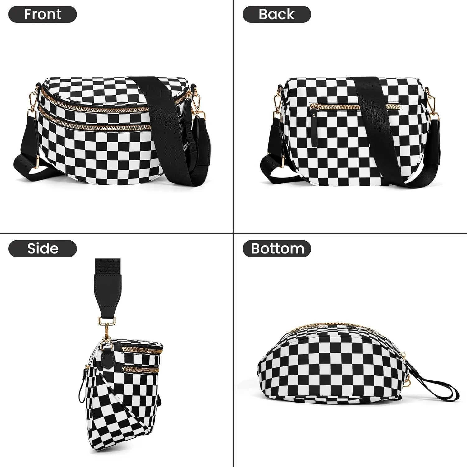 Bum Bags for Women Crossbody,Nylon Checkered Crossbody Bag Black and White Checkered Purse Oversized Slouchy Belt Bag