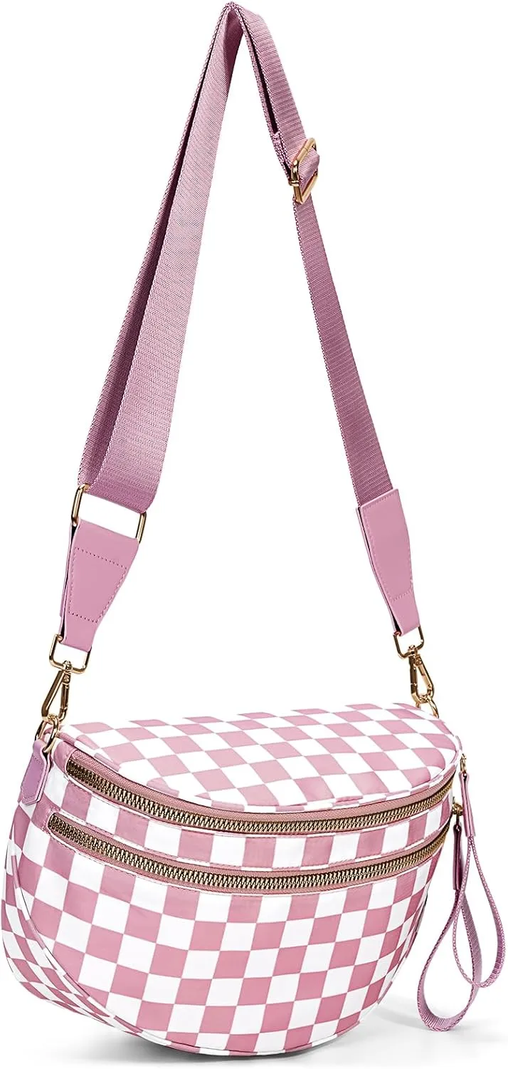 Bum Bags for Women Crossbody,Nylon Checkered Crossbody Bag Black and White Checkered Purse Oversized Slouchy Belt Bag