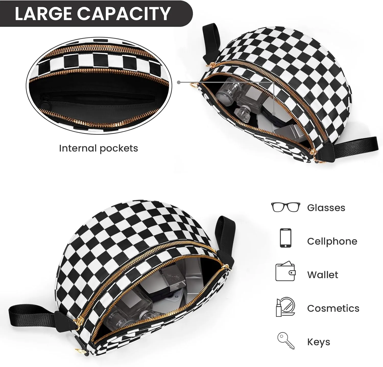 Bum Bags for Women Crossbody,Nylon Checkered Crossbody Bag Black and White Checkered Purse Oversized Slouchy Belt Bag
