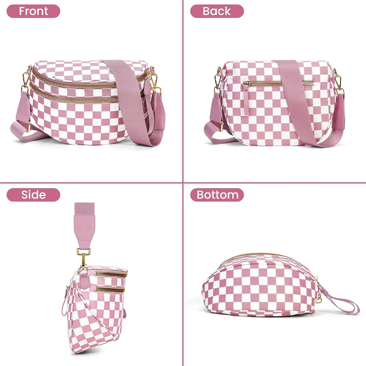 Bum Bags for Women Crossbody,Nylon Checkered Crossbody Bag Black and White Checkered Purse Oversized Slouchy Belt Bag