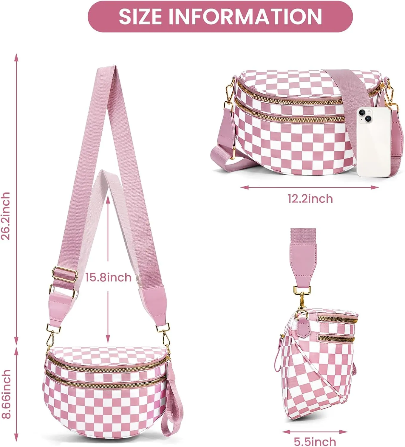 Bum Bags for Women Crossbody,Nylon Checkered Crossbody Bag Black and White Checkered Purse Oversized Slouchy Belt Bag