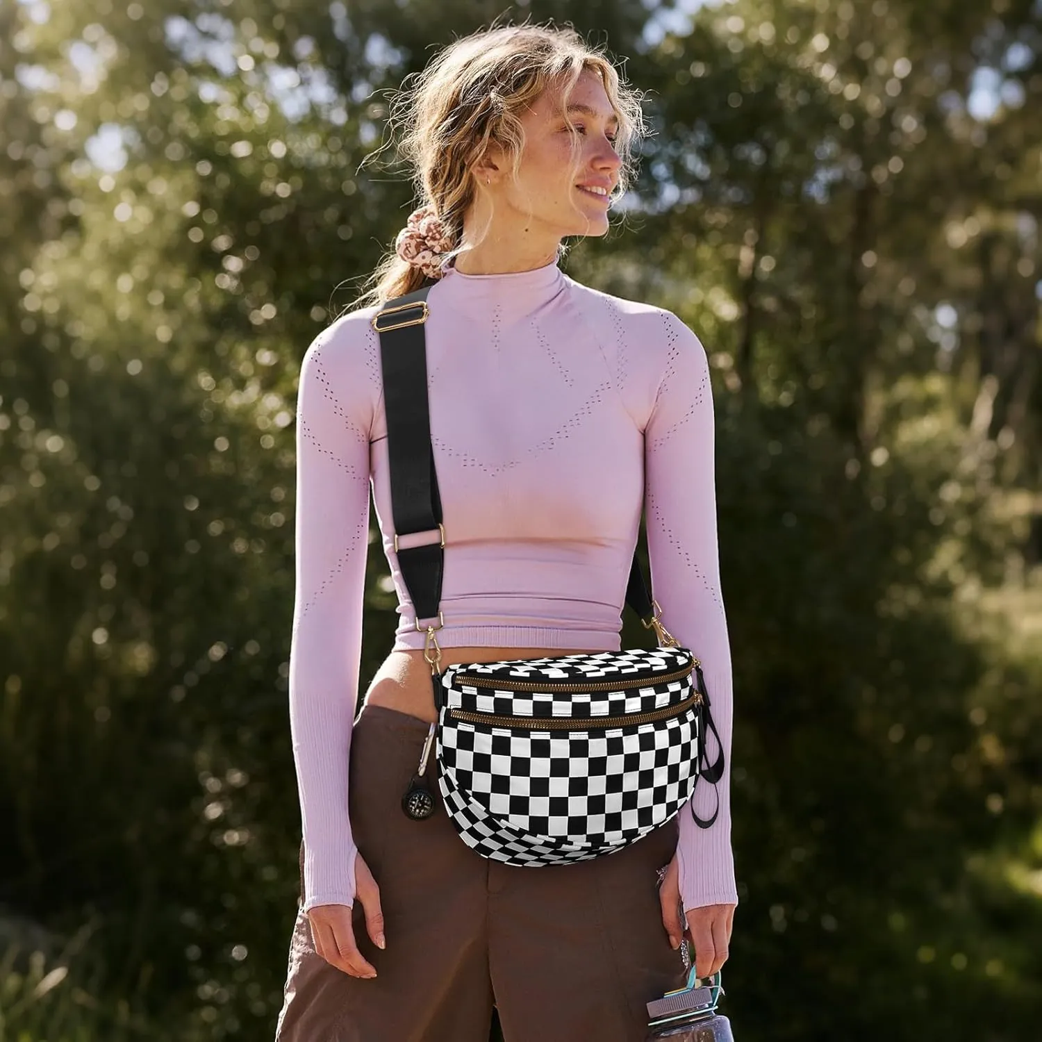Bum Bags for Women Crossbody,Nylon Checkered Crossbody Bag Black and White Checkered Purse Oversized Slouchy Belt Bag