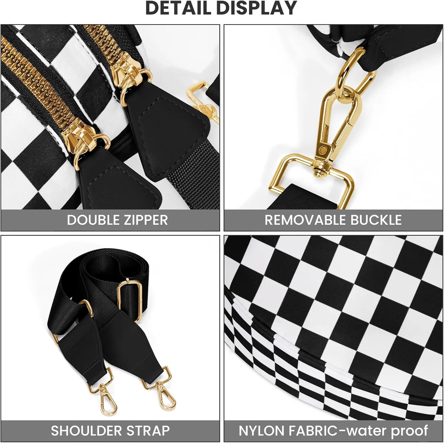 Bum Bags for Women Crossbody,Nylon Checkered Crossbody Bag Black and White Checkered Purse Oversized Slouchy Belt Bag