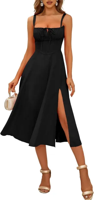 Bustier Corset Dress for Women 2024 Summer Casual with Slit Spaghetti Strap Formal Midi Flowy Dresses