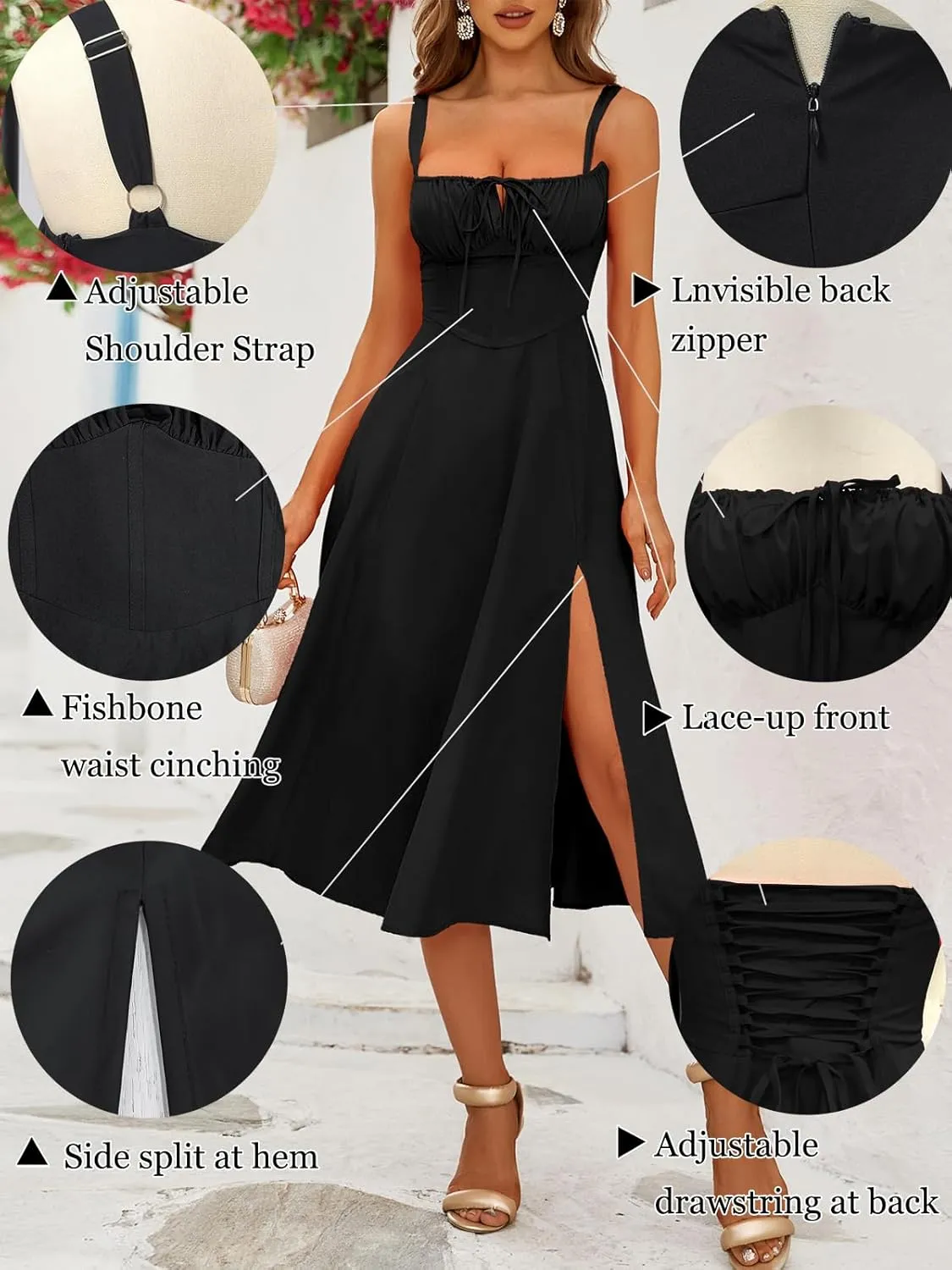 Bustier Corset Dress for Women 2024 Summer Casual with Slit Spaghetti Strap Formal Midi Flowy Dresses